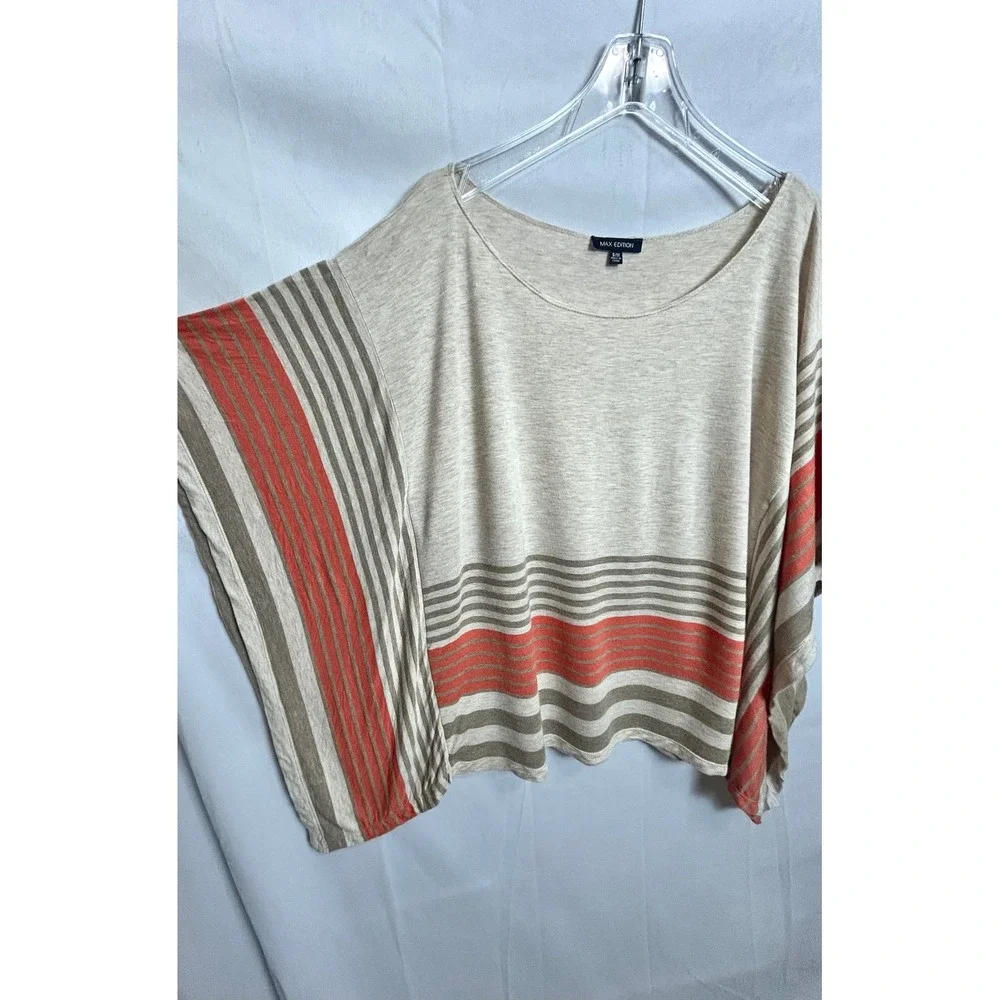 Max Edition Womens Striped Dolman Sleeve Poncho Top Oatmeal Orange S/M 5701F39
